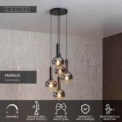 Lucide MARIUS - Suspension - Ø 55 cm - 5xE27 - Noir